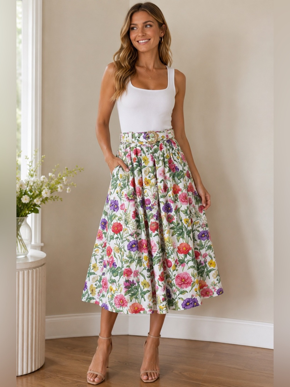 Prosperina Floral Cotton Midi Skirt XS NWT Belted Cottagecore Lined Pockets